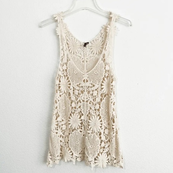 Moon Collection Tops - Moon Collection Sleeveless Crochet Floral Cotton Tank Top in Beige Boho sz Med